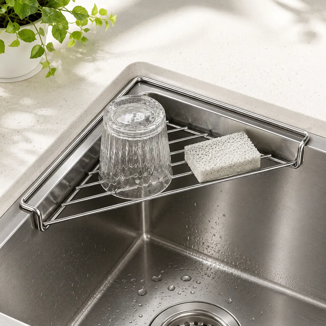 Stainless Steel Sink Corner Rack, Triangular Kitchen Sink Drain Shelf, Multi-Use Sponge, Dish, Fruit & Cloth Drying Rack, Space-Saving Sink Organizer