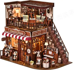 ETKVR ZR04 DIY Miniature House Kit, Dollhouse Fantastic Book Store for Adults to Build, Birthday/Christmas Day Gift for Family and Friends, Prefab Tiny Home with LED Lights,Corner Dessert House