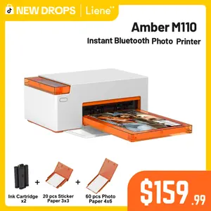 Liene Amber M110 Instant Bluetooth Photo Printer 80 Sheets, Photo Printer for iPhone, Thermal Dye Sublimation, Picture Printer 60 Sheets 4x6 Paper & 20 Sheets 3" Square Sticker Paper & 2 Cartridges, New Drops