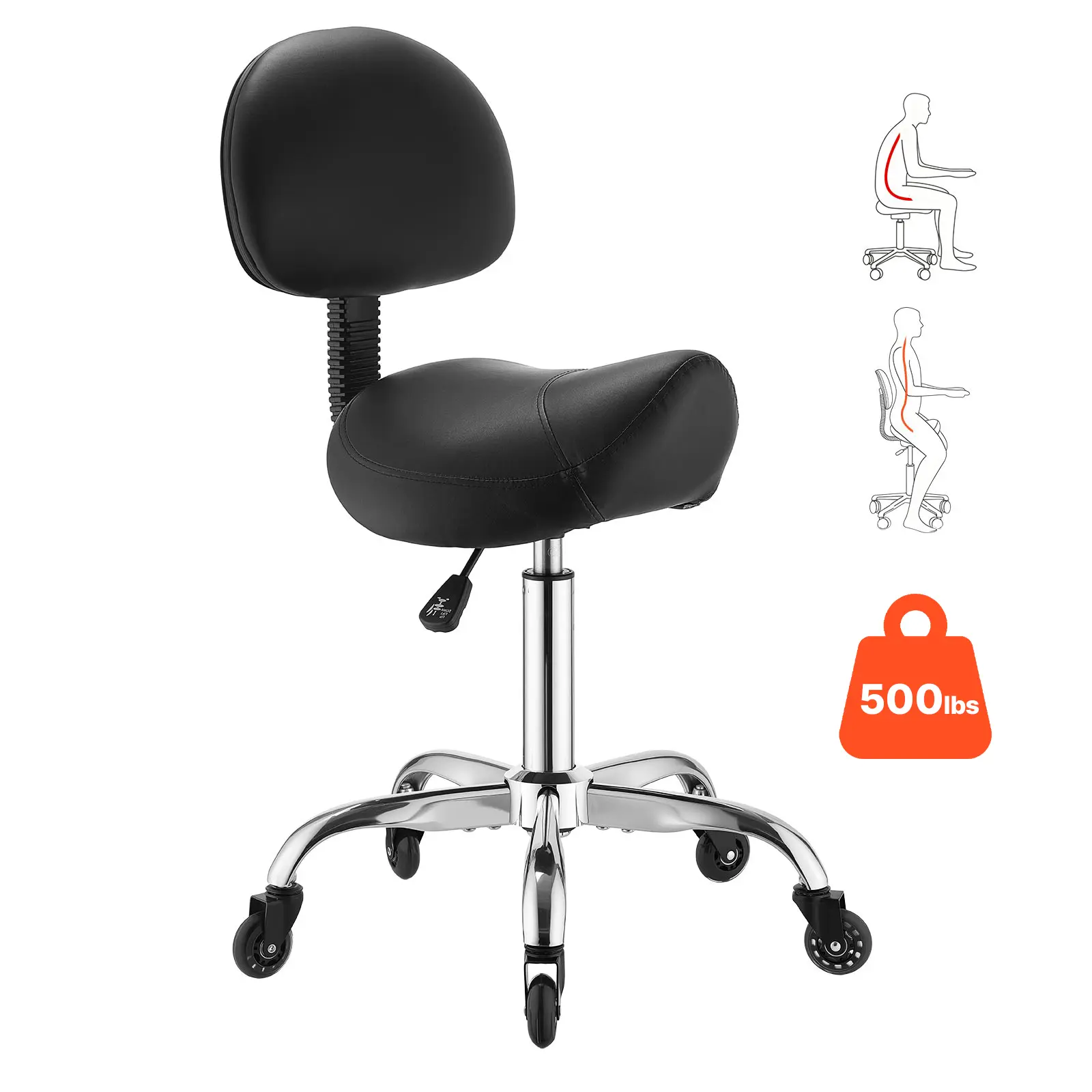 【SummerFinds】VEVOR Saddle Stool with Back Support, 500 lbs Weight Capacity, Height Adjustable, Quiet Casters, Ergonomic PU Leather Seat, 360° Swivel Saddle Stool Rolling Chair for Salon, Spa, Bar, Medical, Black