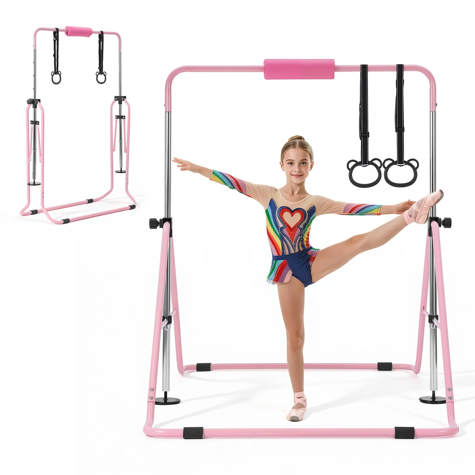 【Summerfinds】VEVOR Gymnastic Bars for Kids, 140 lbs Capacity Folding Training Kip Bar, Adjustable Height Gymnastic Horizontal Bar for Home, Training Equipment for Indoor and Outdoor, Easy to Assemble, Pink
