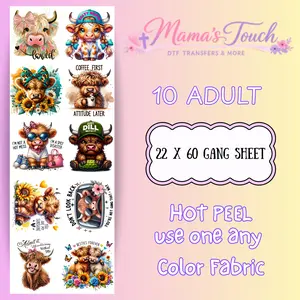 Highland Cow Gang Sheet -Farm - Cows -  DTF Transfers  22X60 Gang Sheet