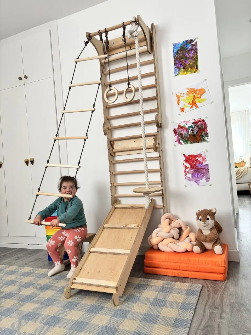 6-in-1 Wooden Swedish Wall & Indoor Playground with Slide – Versatile Climbing Triangle & Art Set for Kids Ages 2-12
