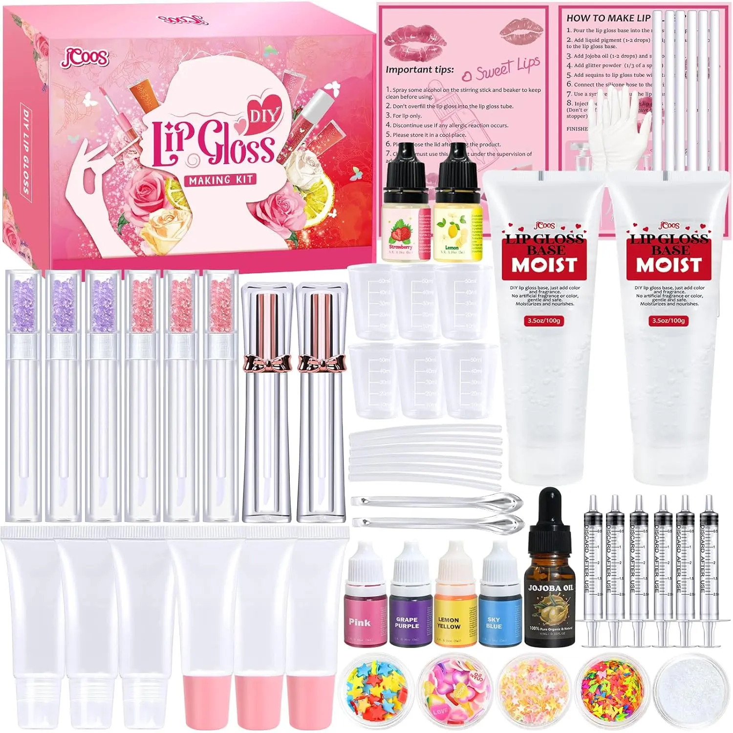 Jcoos DIY Lip Gloss Making Kit, DIY Lip Glosses Set to Make Your Own Lip Stick, Fun Craft Makeup Lipglosses, All-Inclusive Moisturizing Lip Glaze Supplies Set for Beginner Women Girls
