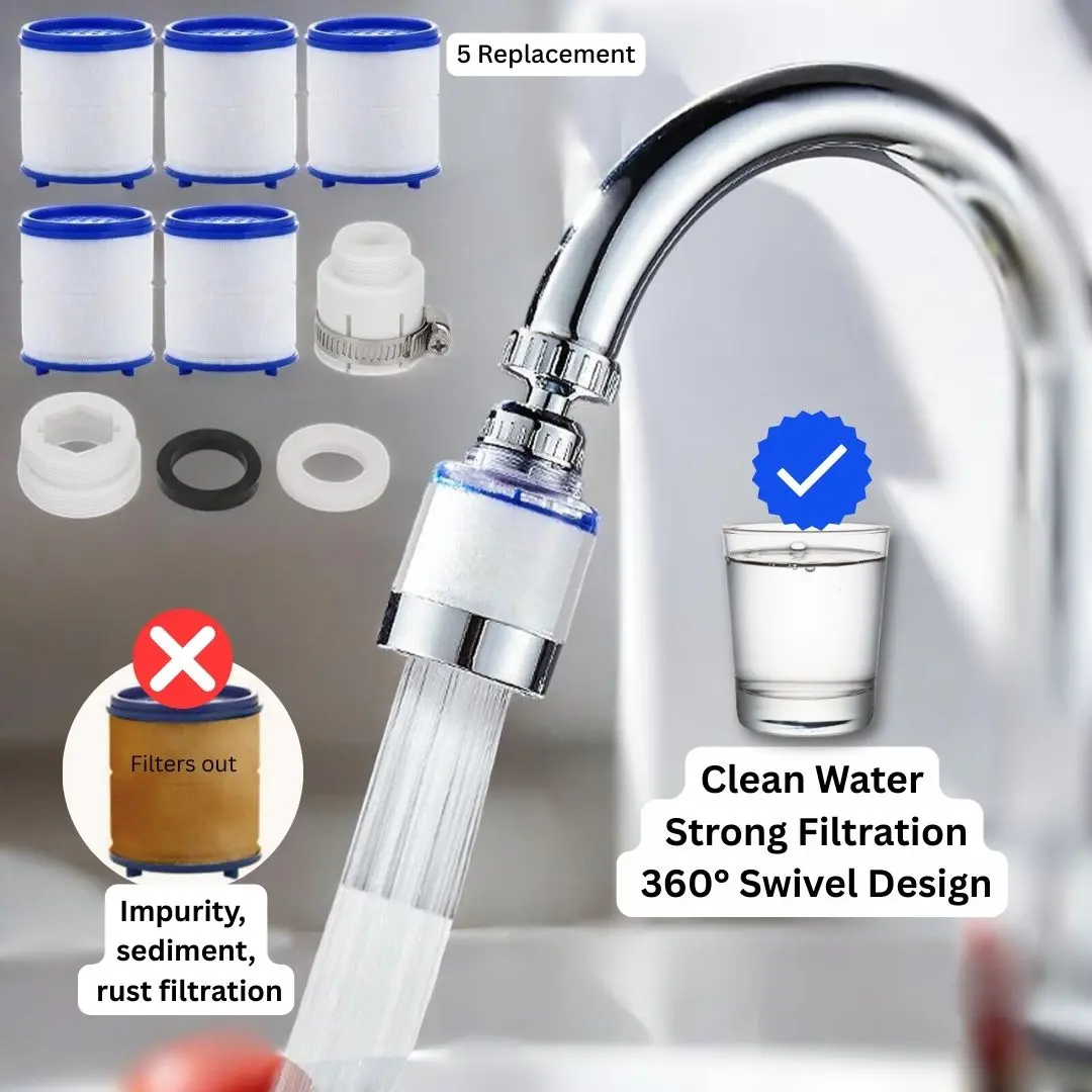 360° Rotating Kitchen Faucet Water Filter with 5 Filter Cartridges - Water tap filter for Cleaner Water,Tap Duct Filter Purifier for Kitchen Sink fresh