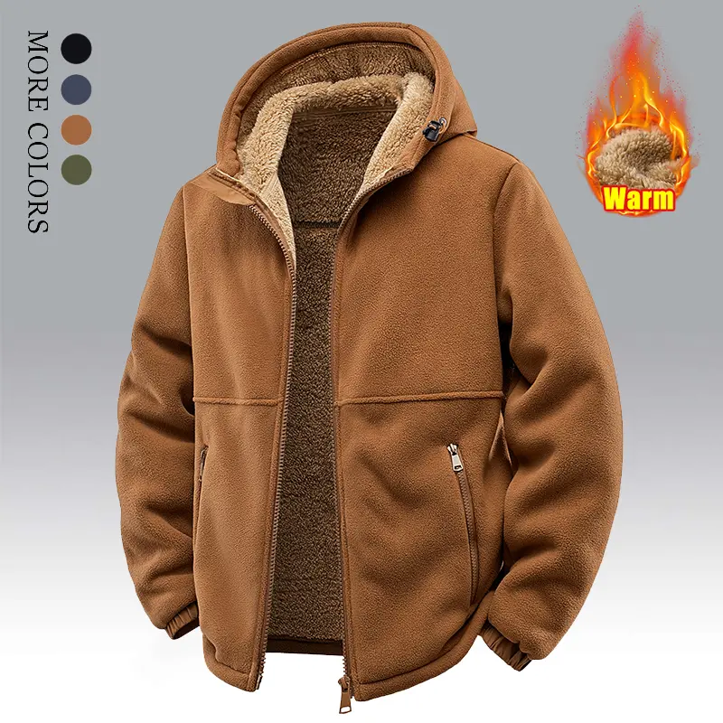 Men's Winter Fleece Hoodie – Thick, warm jacket with an adjustable drawstring hood, ribbed cuffs, and zippered front; perfect for outdoor hikes, jogging, fishing, gym workouts, or casual wear; fleece lining provides wind protection, Tops, Long Sleeve