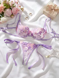 French Romantic Floral Embroidery Lace-up Lingerie Set for Women minimalist style basic womenswear secret gift