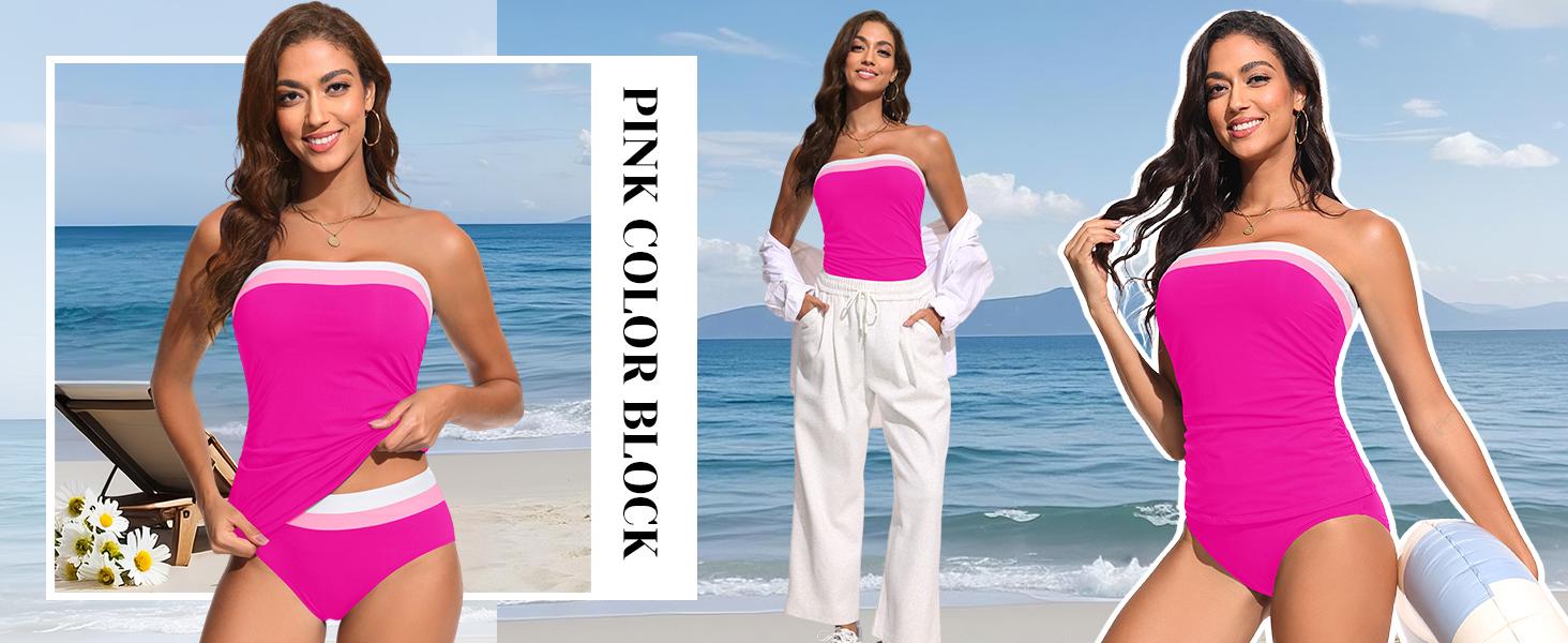 Daci Bandeau Tankini Swimsuits for Women - Two Piece Ruched Tummy Control Bathing Suit Strapless Swimwear with Bottom