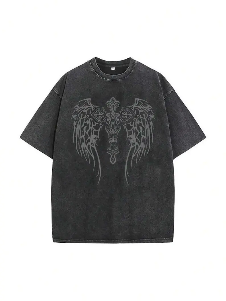 Men's Vintage Angel Wings Graphic Oversized Washed Shortsleeve Round Neck T-Shirt - Drop Shoulder, Distressed Look, Grunge Streetwear, All-Season Casual Menswear Apparel - Hand Wash Only, Vintage Grunge, Multi-Size, Sport, Tshirt, Top, Tops, Crew Neck, Al