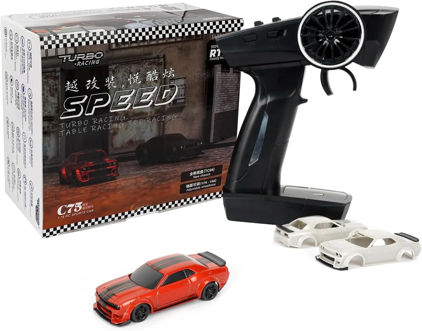 Turbo Racing Fast Drift RC Car Kit - 1:76 Scale Mini Sports Car, 2.4GHz RC Controlled, Full Proportional Steering, 2-Wheel Drive, Type C Charging, 30min Runtime, 17.5g Lightweight Plastic Shell Electric RTR Toy for Adults, Fast Rc Car, 75Mah