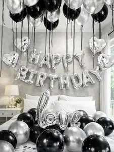 43PCS Black Silver Happy Birthday Balloon Decorations Letter Foil Balloons Silver Heart Foil Black Latex Balloons for Birthday Party Backdrop Decor