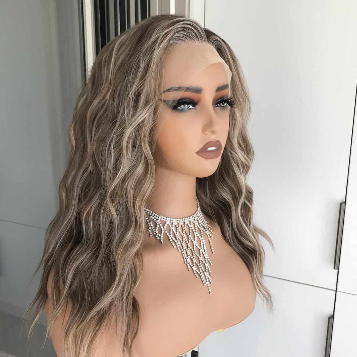 AISOM Mila Hazelnut Mix Blonde Water Wave 13x4 Free Part Synthetic Lace Wig with Scandinavian Hairline Glueless Low Density 120% 16 Inch