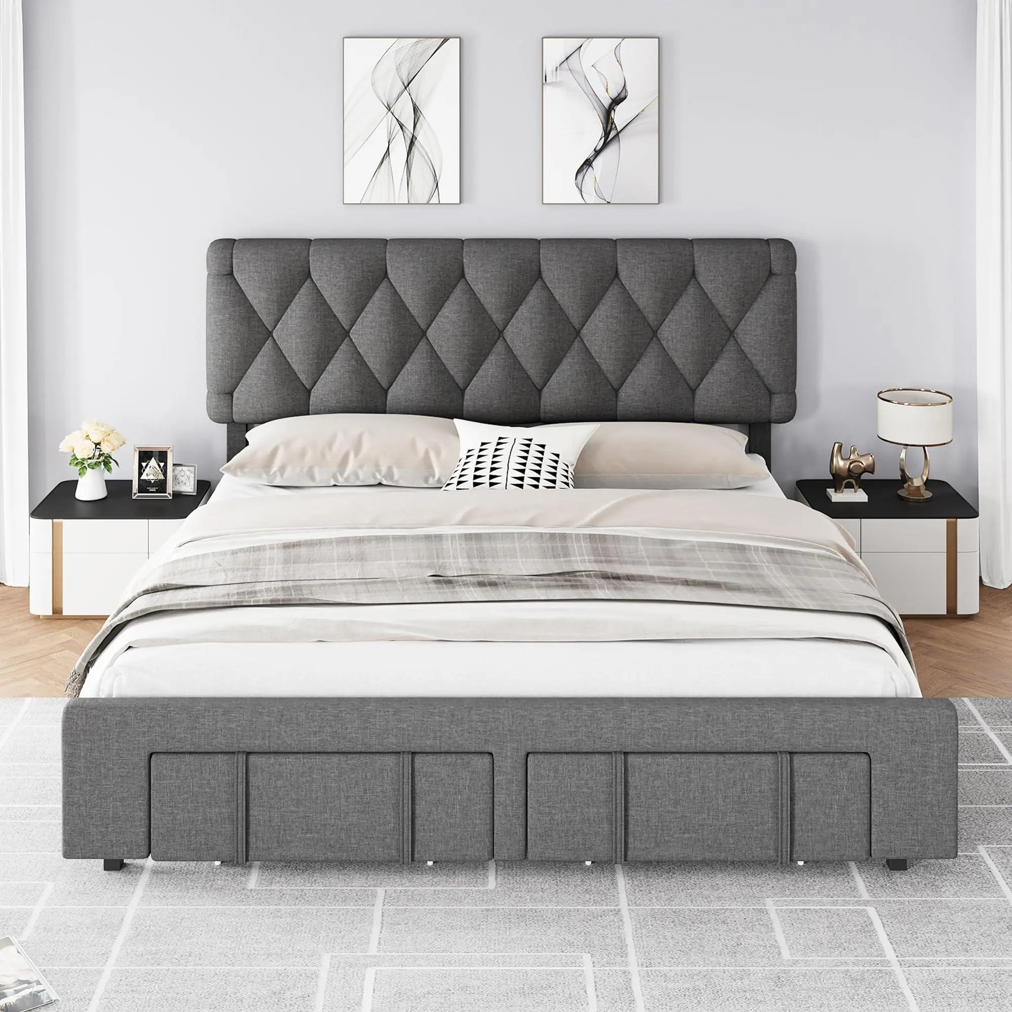 Full Size Grey Upholstered Platform Bed Frame - Slatted Bed Base with Solid Wooden Slats Support, Storage Drawers, 8 to 12 in Mattress Foundation, No Box Spring Needed