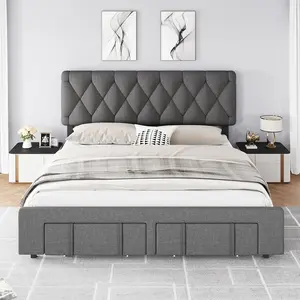 Full Size Bed Frame, Grey Upholstered Platform Bed Frame with Storage Drawers, Mattress Foundation with Solid Wooden Slats Support, No Box Spring Needed