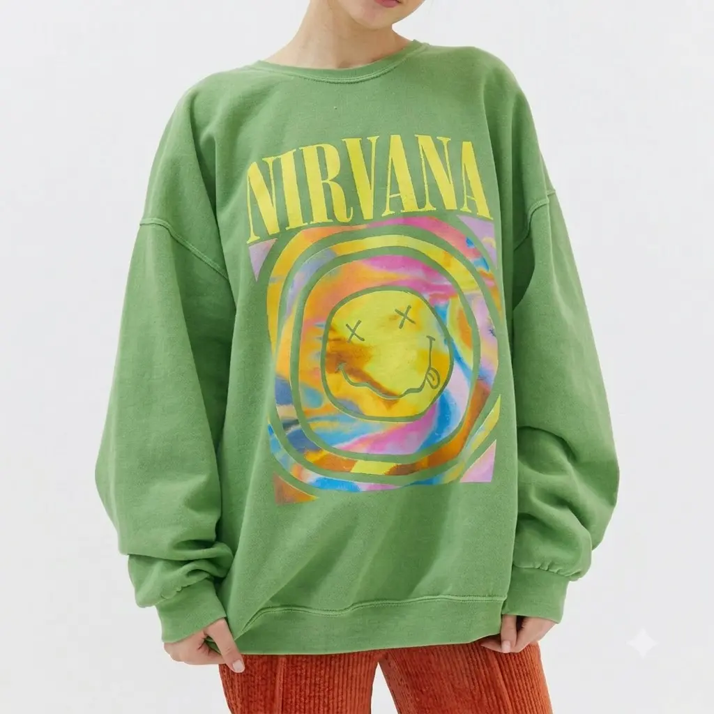 Nirvana Smile Face Sweatshirt, Preppy 90's Nirvana T-Shirt, Hot Pink Nirvana Sweatshirt, Hoodie Casual Cotton Womenswear Apparel Birthday