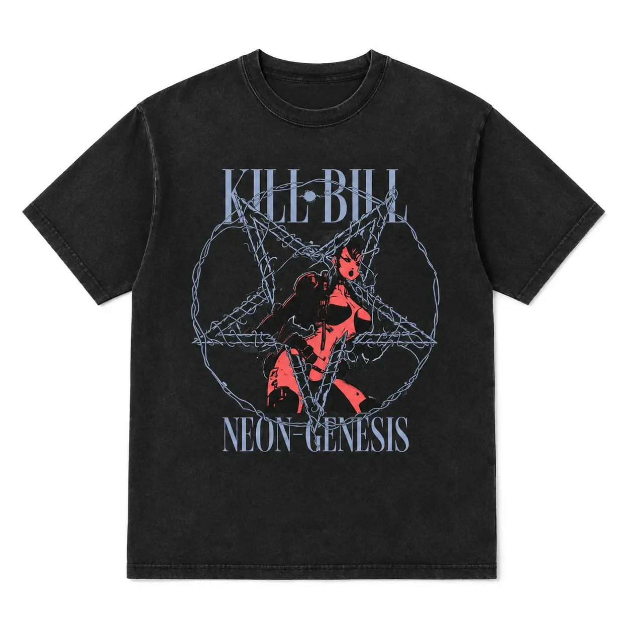 Kill Bill Neon Genesis Anime Graphic T-Shirt - Washed Black Soft Cotton Tee - Barbed Wire Star Print - Streetwear - Unisex Casual Outfit - Trendy Urban Gift Men Women 3687