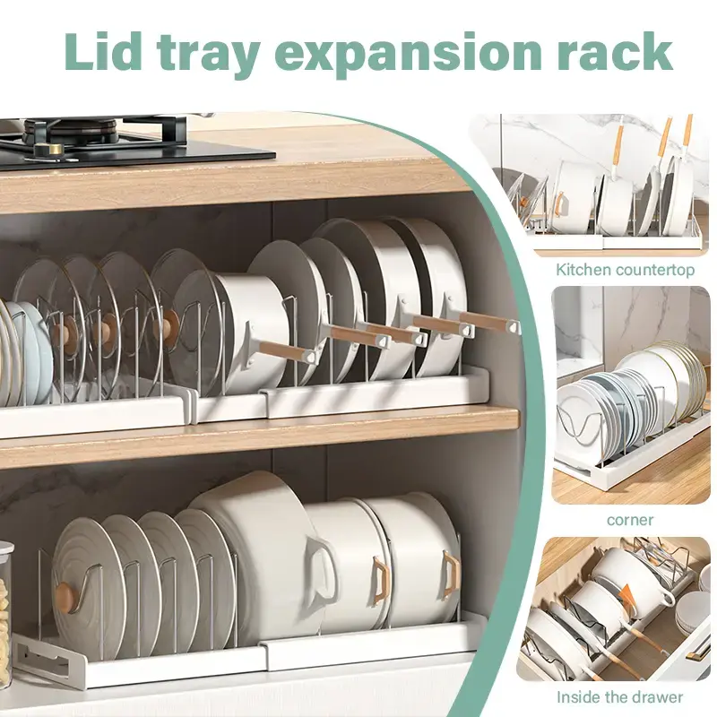 Kitchen Adjustable Stainless Steel Expandable Pot and Pan Organizer Rack - White & Grey, Slide Design, Multifunctional Lid Storage for Cabinet/Shelf, Cabinet Storage
