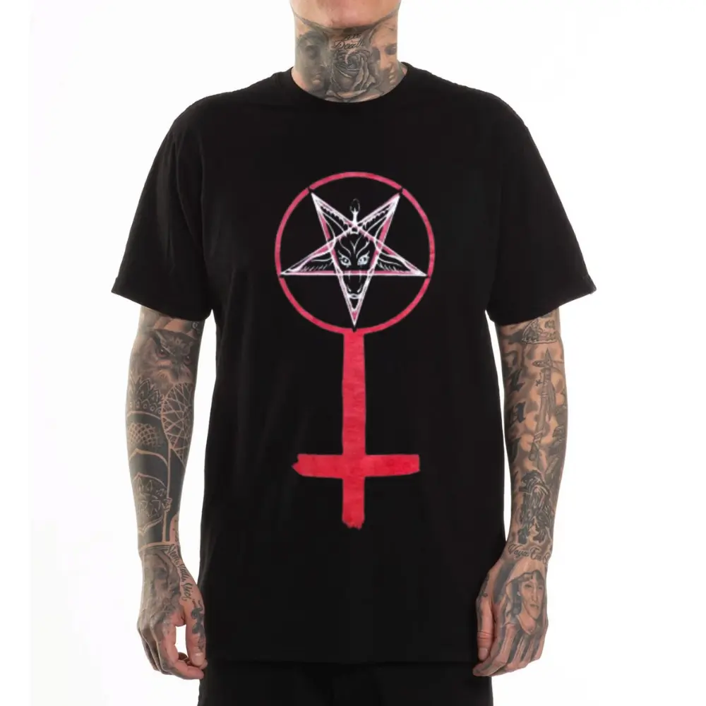 Unisex Gothic Hoodie with Red Inverted Cross Baphomet Graphic, Oversized Cotton Polyester Fashion Sweatshirt for Casual Streetwear