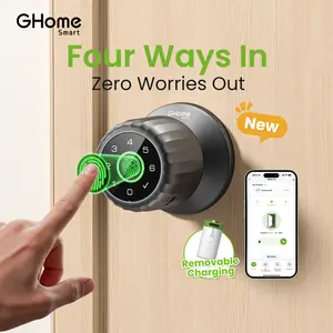 GHome Smart 4-in-1 Keyless Entry Door Knob with Biometric Fingerprint, Keypad, App and Bluetooth Control, Rechargeable Battery with Removable Charging Design for Home, Bedroom, and Apartment