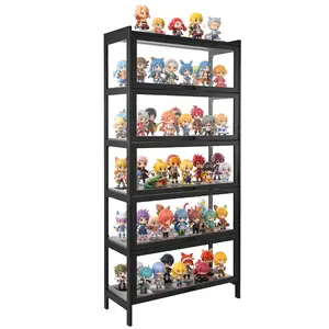 Display Cabinet With Acrylic Doors, 68 Inch Tall 5-Tier Curio Cabinet, Natural Wood Finish, Collectibles Display Case, Toy Organizer Rack, Bookshelf For Home Office Playroom Living Room, Floor-Standing Storage And Furniture