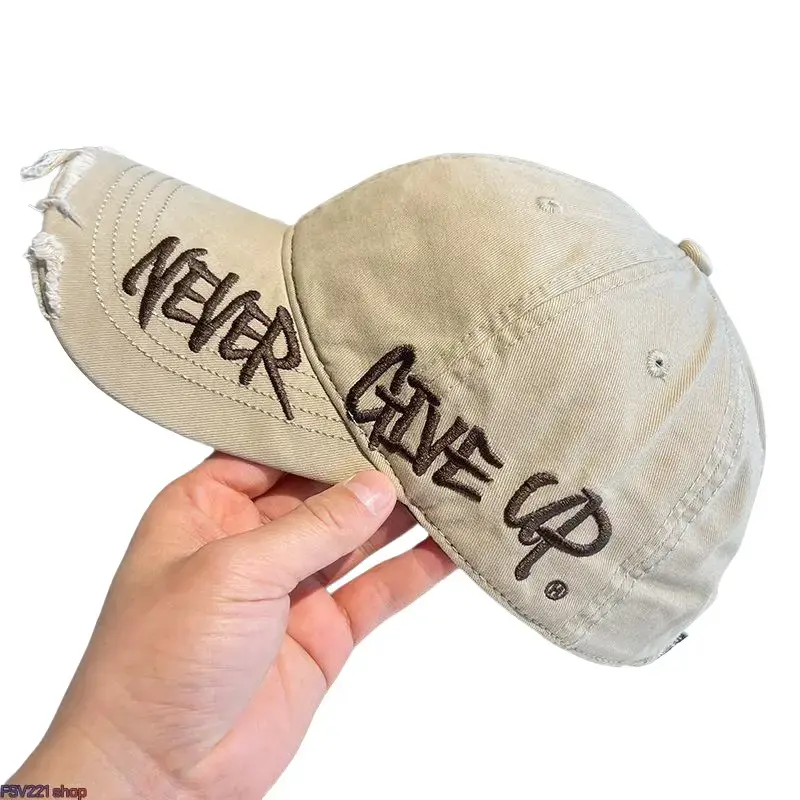 Unisex Distressed Embroidered Dad Hat - Vintage Streetwear Curved Brim Ripped Washed Sun Protection Funny Cap, Graphic Hat Ideal for Casual Wear，Distressed Graffiti "Never Give Up" Hat, Ideal for Streetwear, Casual & Outdoor campingessentials