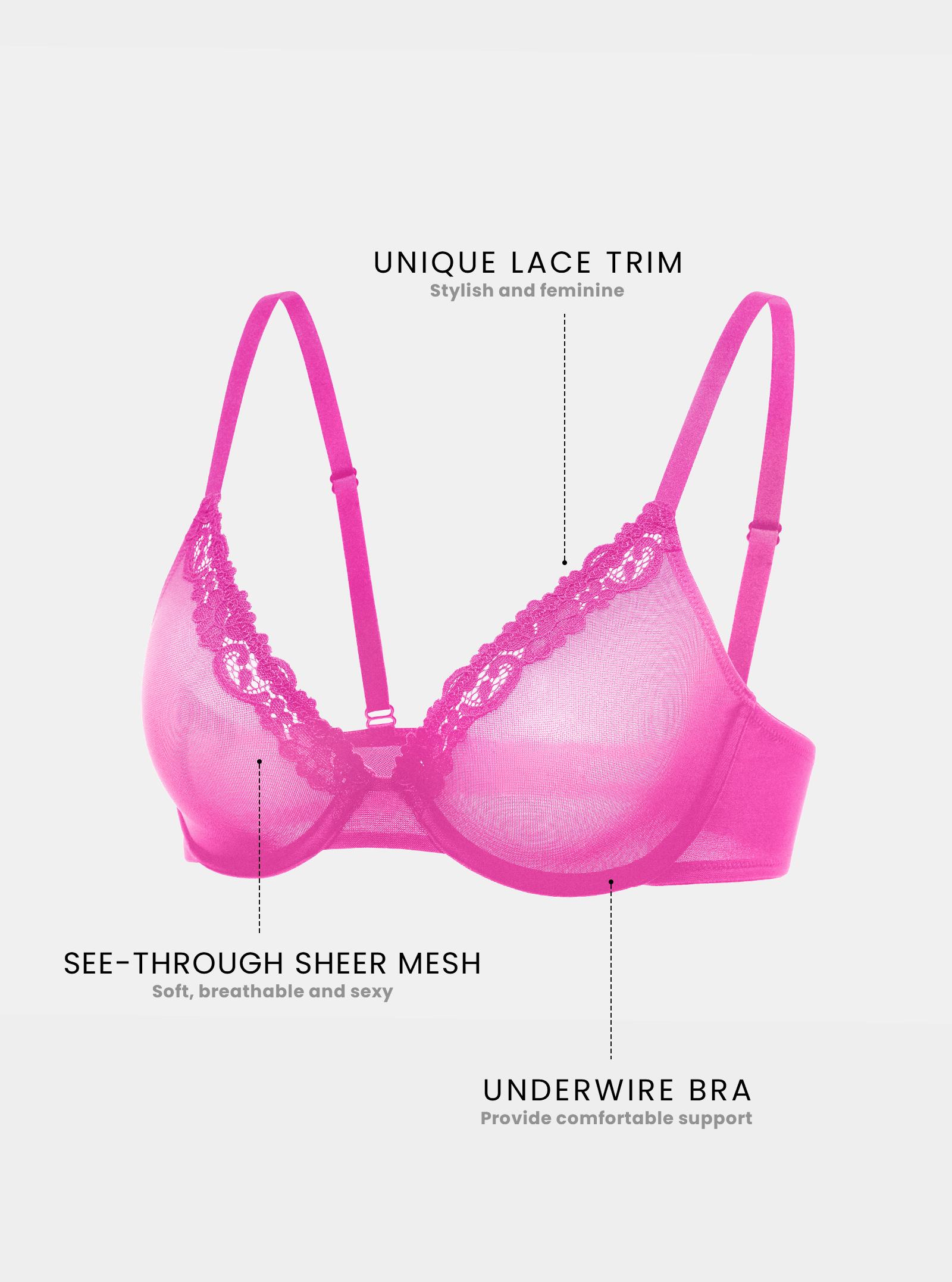 DOBREVA Women's Mesh Balconette Bra Sheer Demi Underwire Unlined Sexy Plus Size Plunge Bras Lace Trim