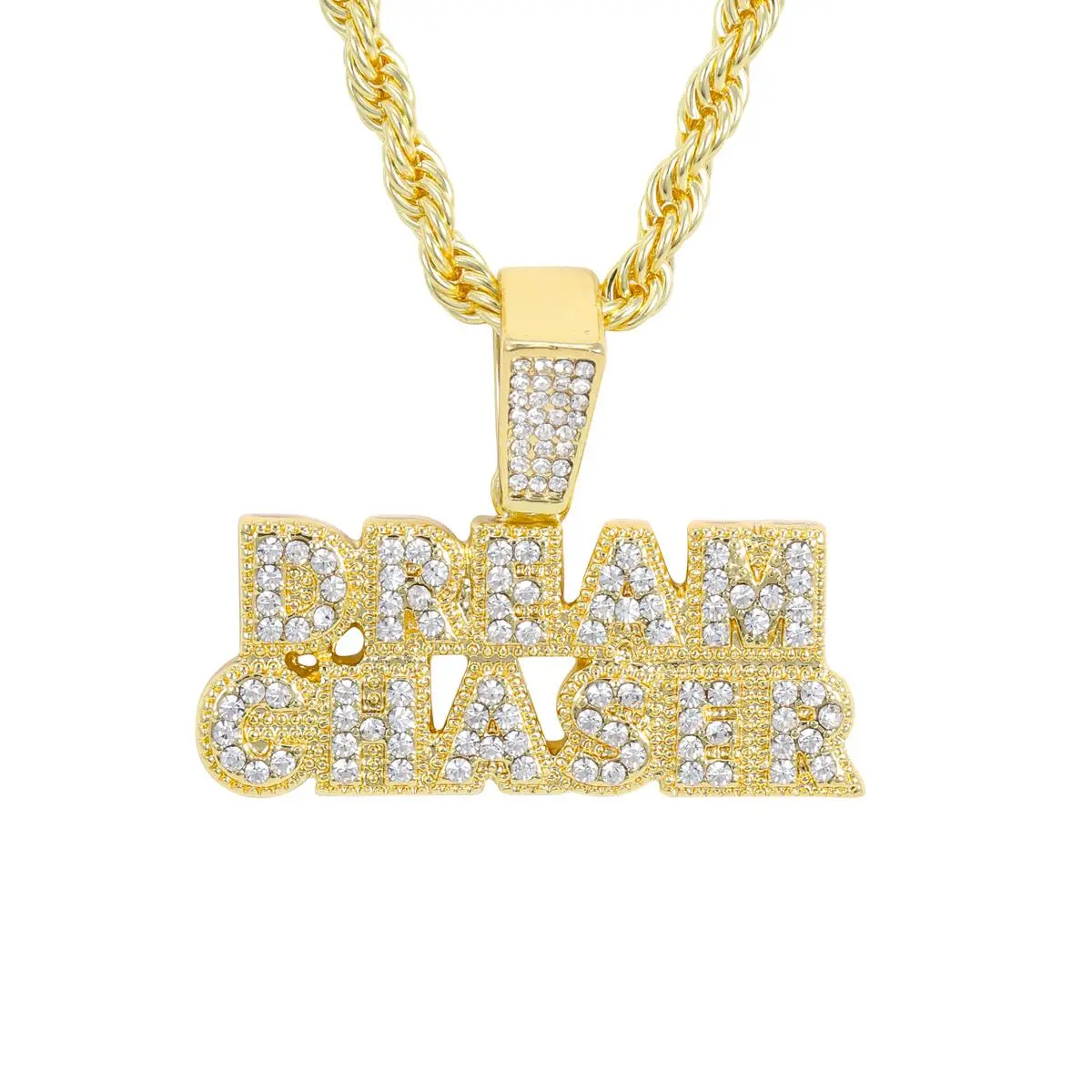 Iced Medium Dream Chaser Pendant with 4mm Rope Chain 24"