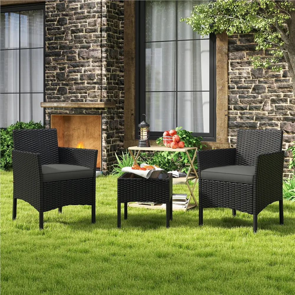 Costoffs 3-Piece Rattan Furniture Set, Outdoor Wicker Patio Conversation Furniture Set, 2-Piece Woven Rattan Chairs with Cushions & 1 Side Table for Bistro/Porch/Garden/Deck/Courtyard,outdoorfurnitureset,home decor,camping essentials