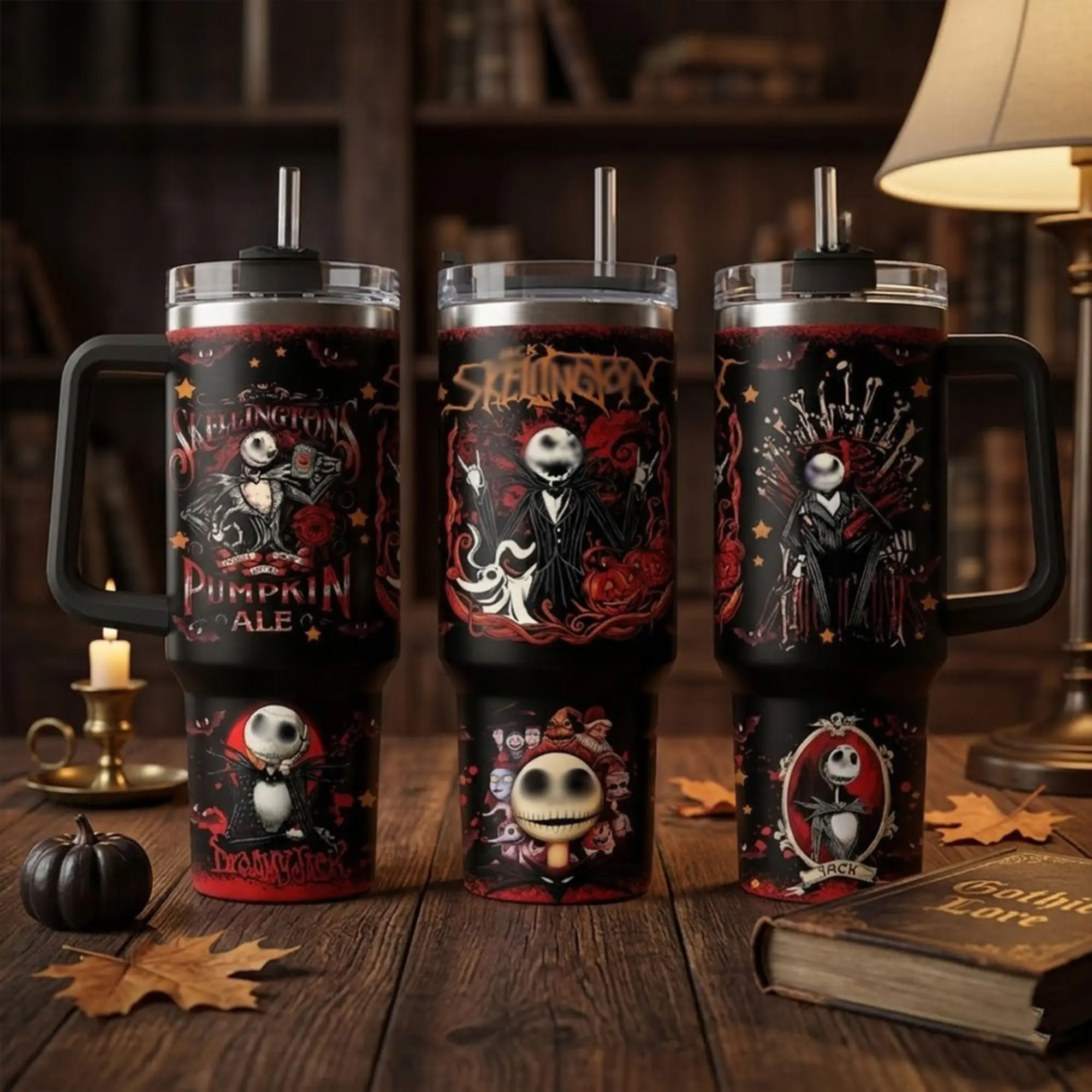 Skellington Halloween 40oz Tumbler with Handle, Nightmare Before Mug, Pumpkin King Stainless Steel Cup, Gothic Horror Coffee Tumbler, Double Wall Insulated Gift for Halloween Fans, Spooky Season Drinkware