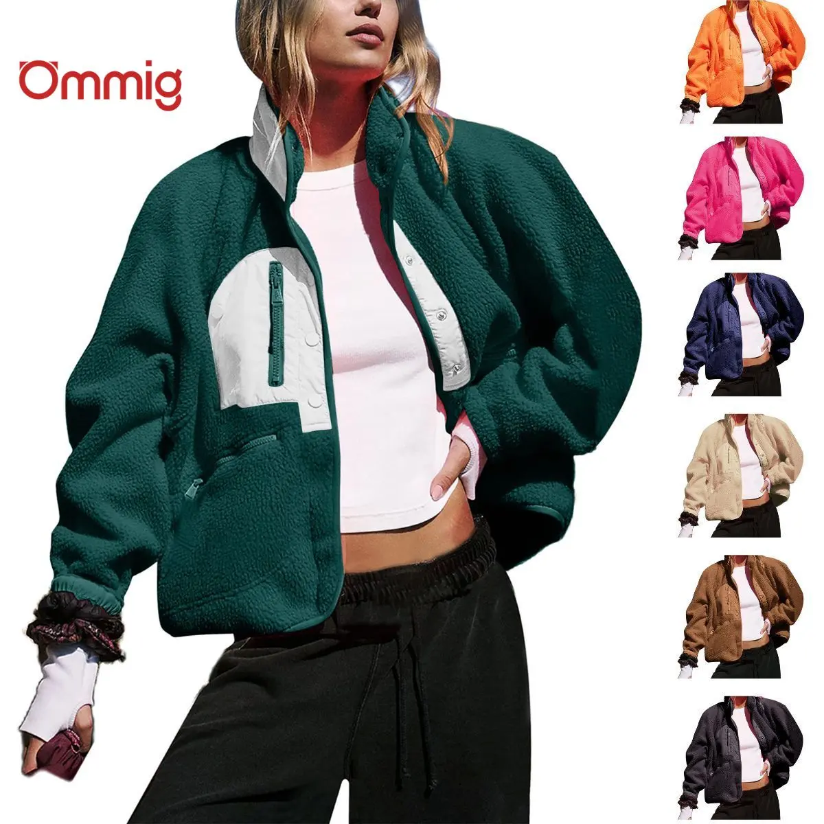 Ommig Women's Plain Casual Baggy Sherpa Fleece Coats, Long Sleeve Button Down Tops with a Zipper Pocket and Elastic Cuffs, Athletic, Holiday, Blue
