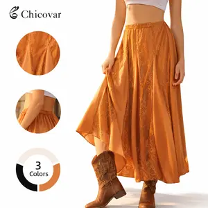 Chicovar Women's Boho High Waist Maxi Skirt with Side Slit, Lace Panel Flowing Long Skirt for Vacation, Festival & Casual Wear