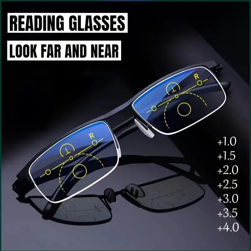 Unisex Progressive Reading Glasses, Lightweight Semi-Rimless Rectangular Alloy Frame with Multi-Focal Lenses for Business, Eye Fashion