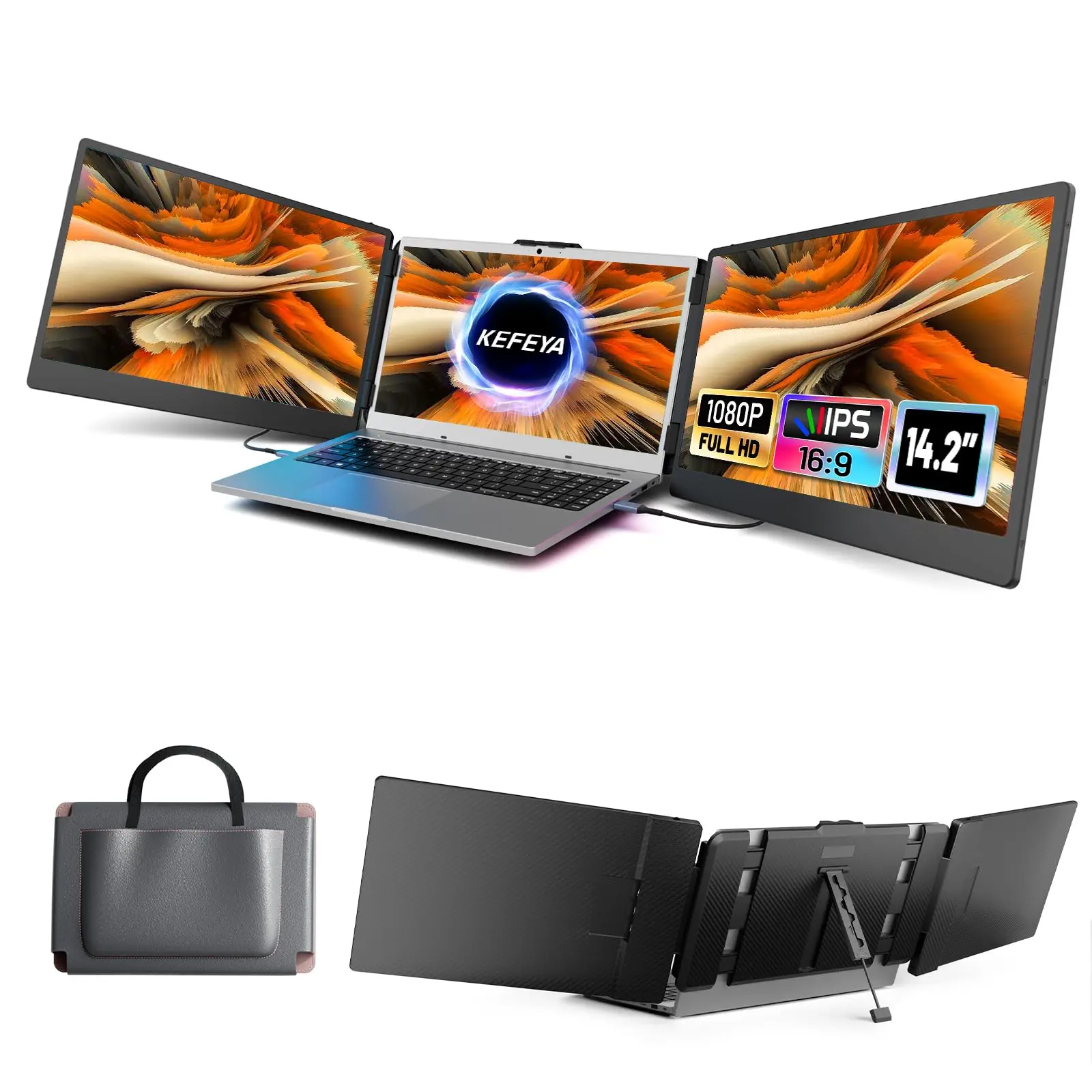 KEFEYA Laptop Screen Extender, 14.2" Portable Triple Monitor for Laptop with Full HD IPS FHD Display, Monitor Extender Compatible with Mac, Windows, Chrome, Fits 13-17 Inch Laptops summerwins computer accessory tiktokshopbacktoschool