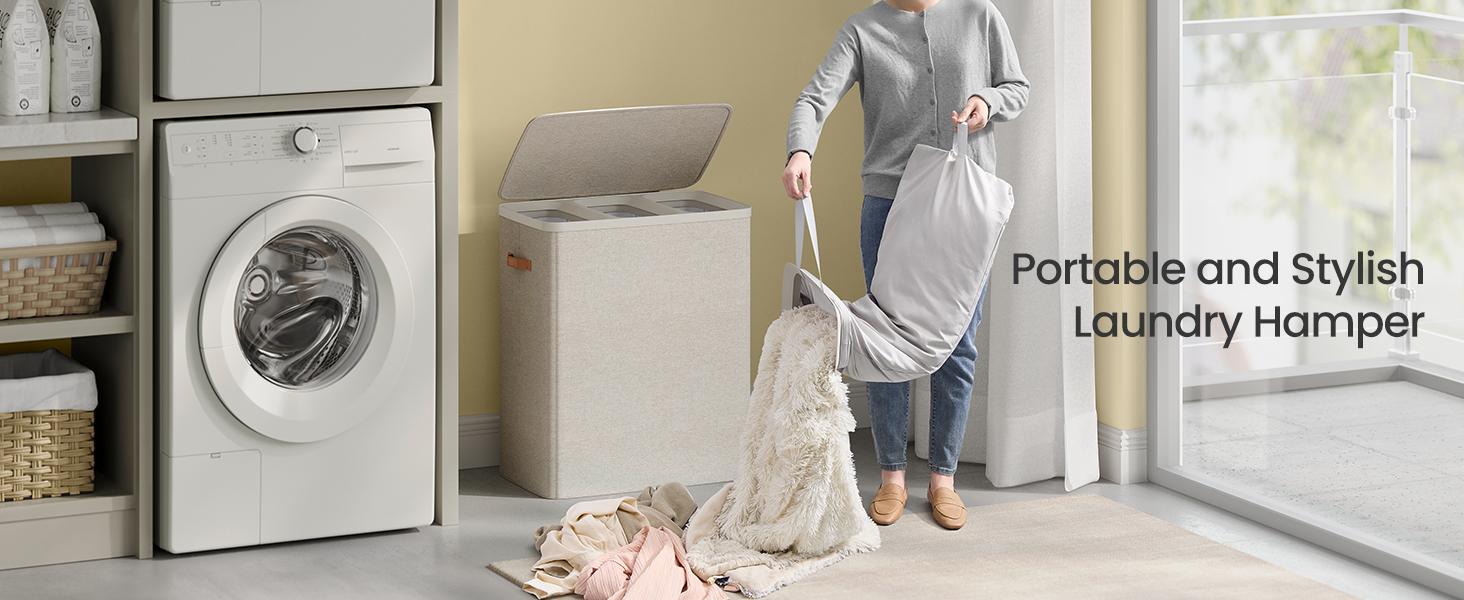 SONGMICS Polyester Fiberglass Modern 2-Section Multi-Compartment Laundry Basket with Lid, Handles, Removable Inner Bags - Dustproof, Water-Resistant, Easy Install Laundry Organizer for Home Use