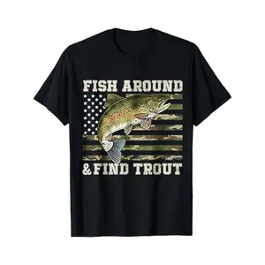 Fish Around And Find Trout T Shirt Black American Flag Camo Trout Fishing Design Outdoor Adventure Hunting Camping Fishing Gear For Men Women