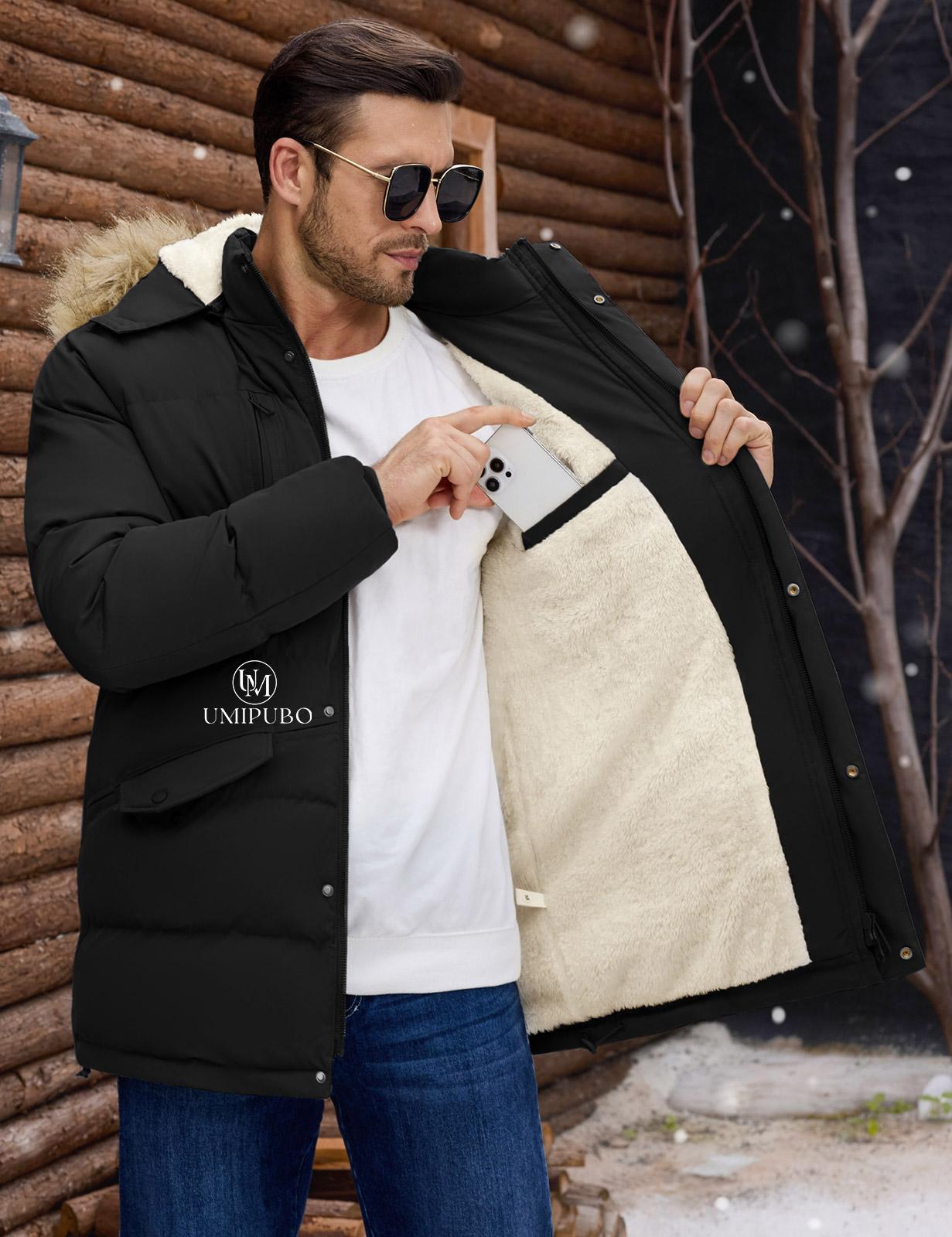UMIPUBO Men's Winter Warm Jacket Long Puffy Thicken Padded Coat Fleece Windproof Parka Outerwear with Detachable Hood