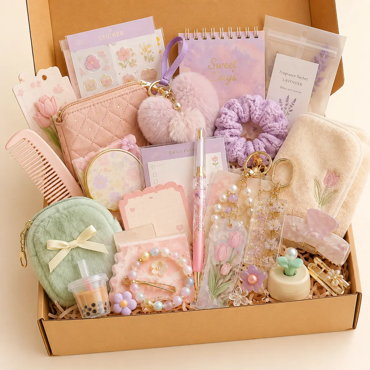 Surprise Mystery Gift Box for Women, Cute Accessories & Stationery Gift Set, Mini Pouch Keychains Hair Accessories Memo Notes Stickers, Birthday Halloween Christmas Gift for Her