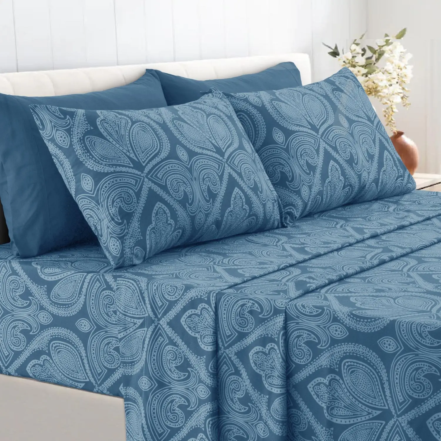 Lux Decor Paisley Bed Sheet Set – 6 Piece Comfy Breathable & Cooling Bedding Set for Bedroom, Up to 16" Deep Pocket Hotel Luxury Sheets, Soft Hotel Quality, Wrinkle & Fade Resistant, Available in 6 Sizes & Different Colors