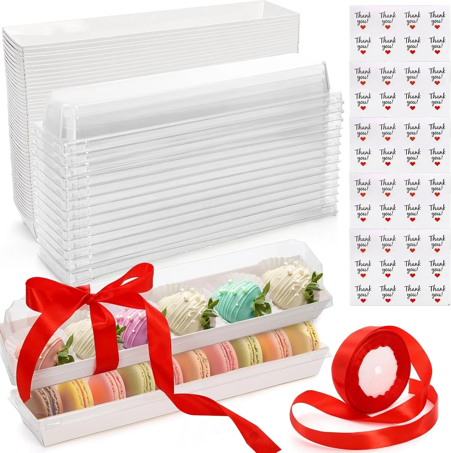 50 Pack Strawberry Boxes with Clear Lids, 11" Macaron Box with Ribbon and Stickers, Chocolate Covered Strawberries Package Boxes for Cookies, Cocoa Bomb, Truffles, Valentine's Day, Christmas