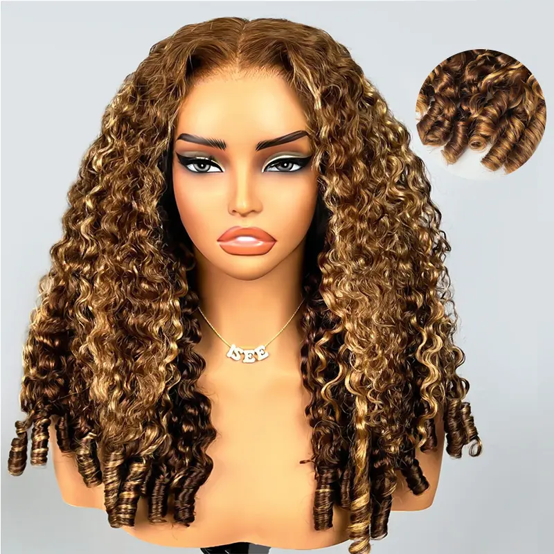 ISEE HAIR Highlight Burmese Curly Front Lace Wig, 250% Density Glueless Wear and Go 9x6 M-Cap with InvisiFit Strap, Burmese Curly Wig, Invisible Strap Wig