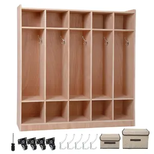 5-Section Wooden Kids Storage Locker - 10 Cubbies, 5 Hooks, 2 Storage Bins, 4 Casters, Anti-Tip Kit - Child-Sized Organizer for Study Area, Home, Daycare, Natural Finish