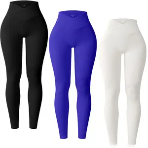 3 Piece Yoga Leggings Women's Ribbed Seamless High Waist Cross Over Workout Leggings Gym Athletic Pants