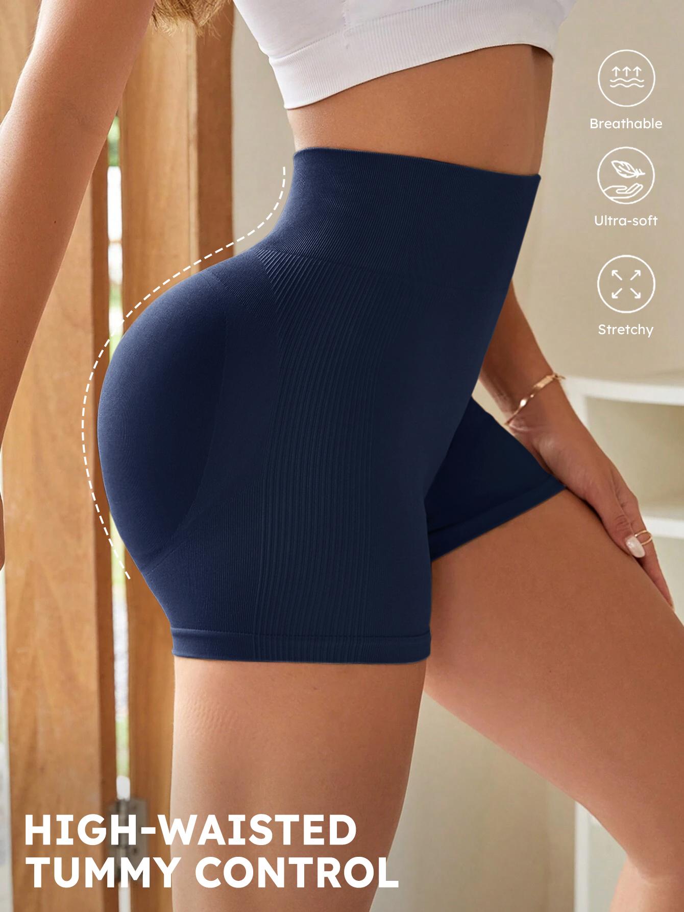 4-Pieces High Waist Tummy Control Side-Ribbed Butt-Lifting Seamless Shorts, Lightweighted Summer Shorts,  Stretchy Womenswear Bottom Peachy Shorts