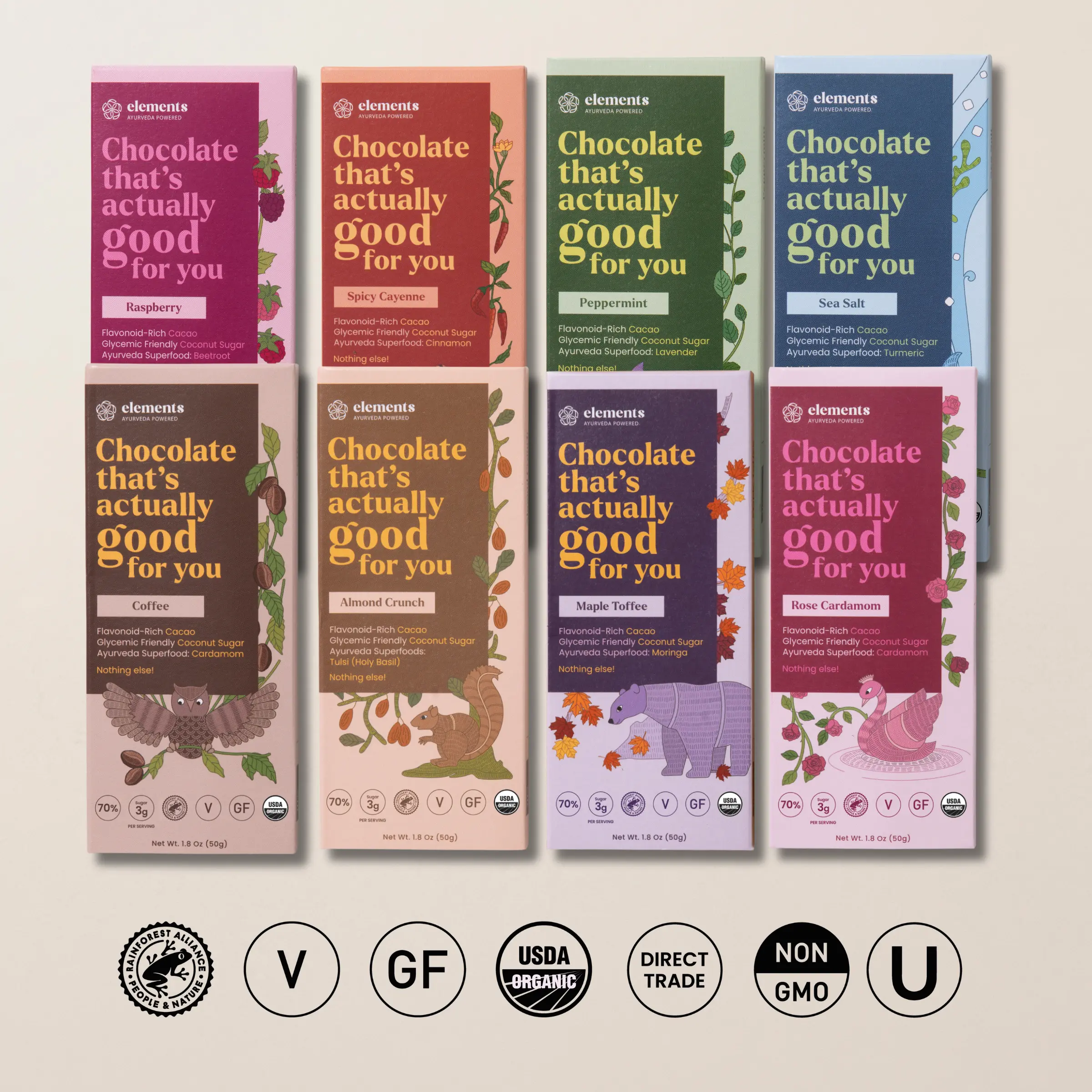 Elements 70% Dark Chocolate Bars | Vegan, Organic, No Palm Oil, No Gluten, No Soy, Low Sugar, Heavy Metals Safe | Sea Salt, Almond Crunch, Raspberry, Rose Cardamom, Orange Crunch, Peppermint, Coffee, Maple Toffee, Spicy Cayenne