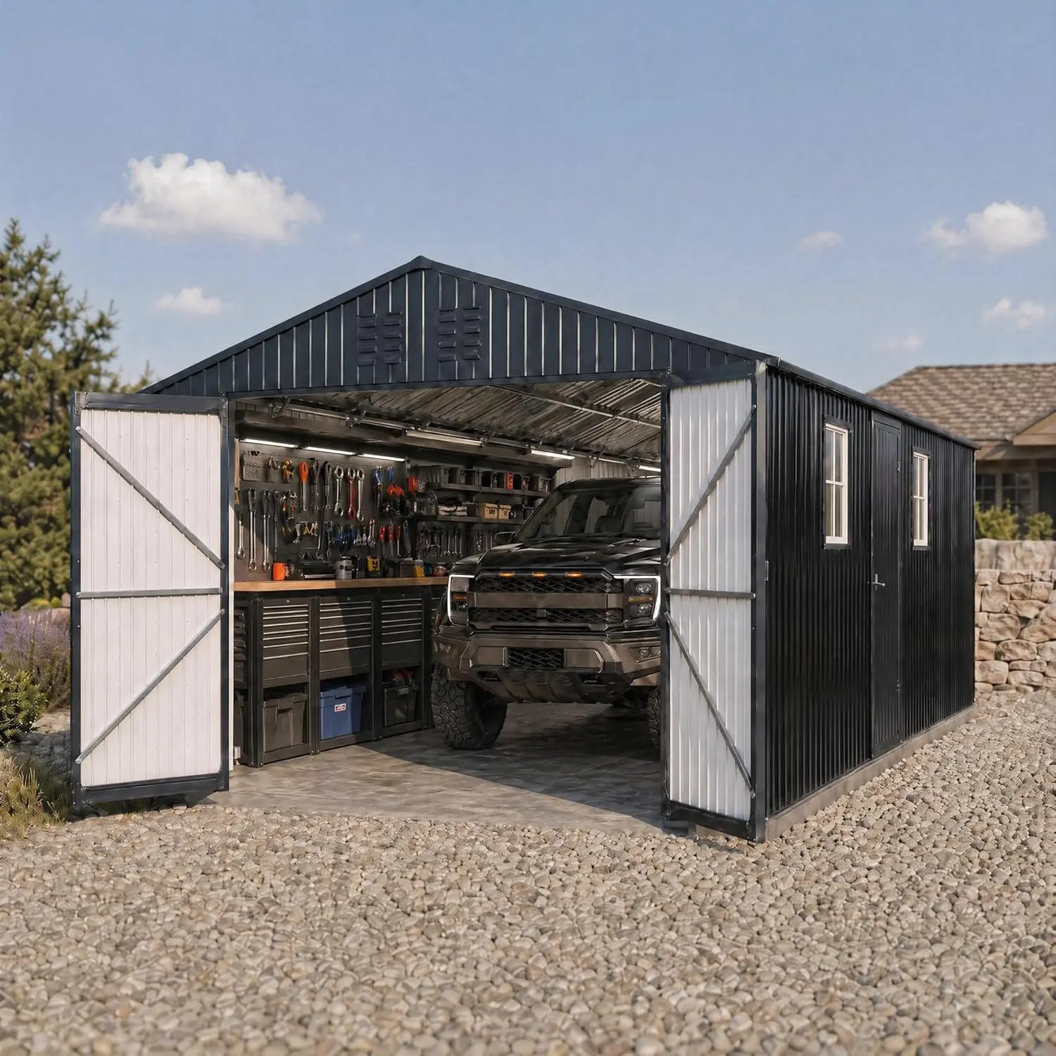 12x20 FT Metal Garage Shed, Extra Large Storage Shed with Double Hinged Doors, 4 Windows, Heavy Duty Carport for Vehicles, and Equipment Storage, All-Weather Outdoor Metal Building