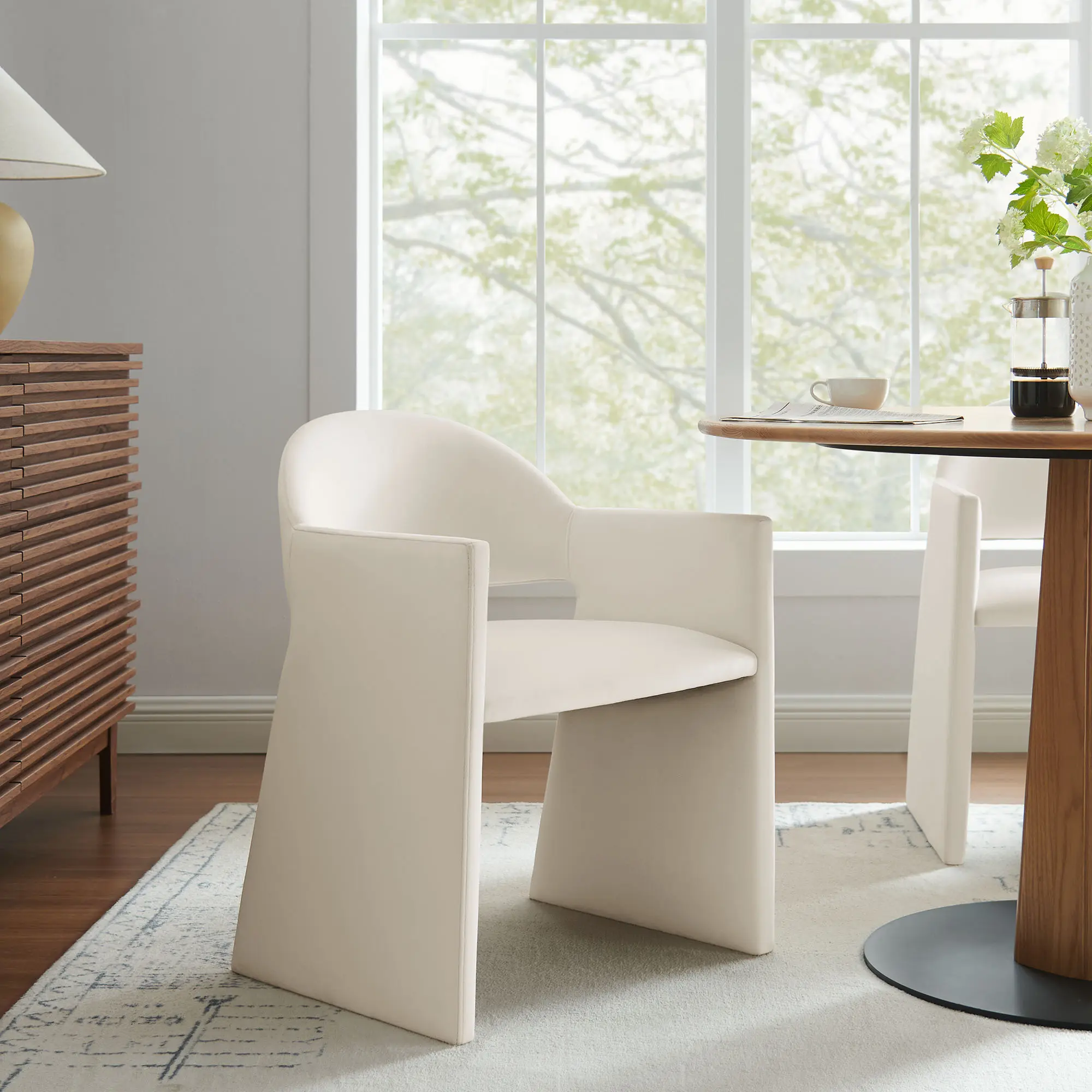 Talia Performance Velvet Dining Armchair - Alabaster, Modern Stain-Resistant Barrel Chair, Wide-Arms Curved Single-Seat Dining Room Chair, 300 lbs Weight Capacity