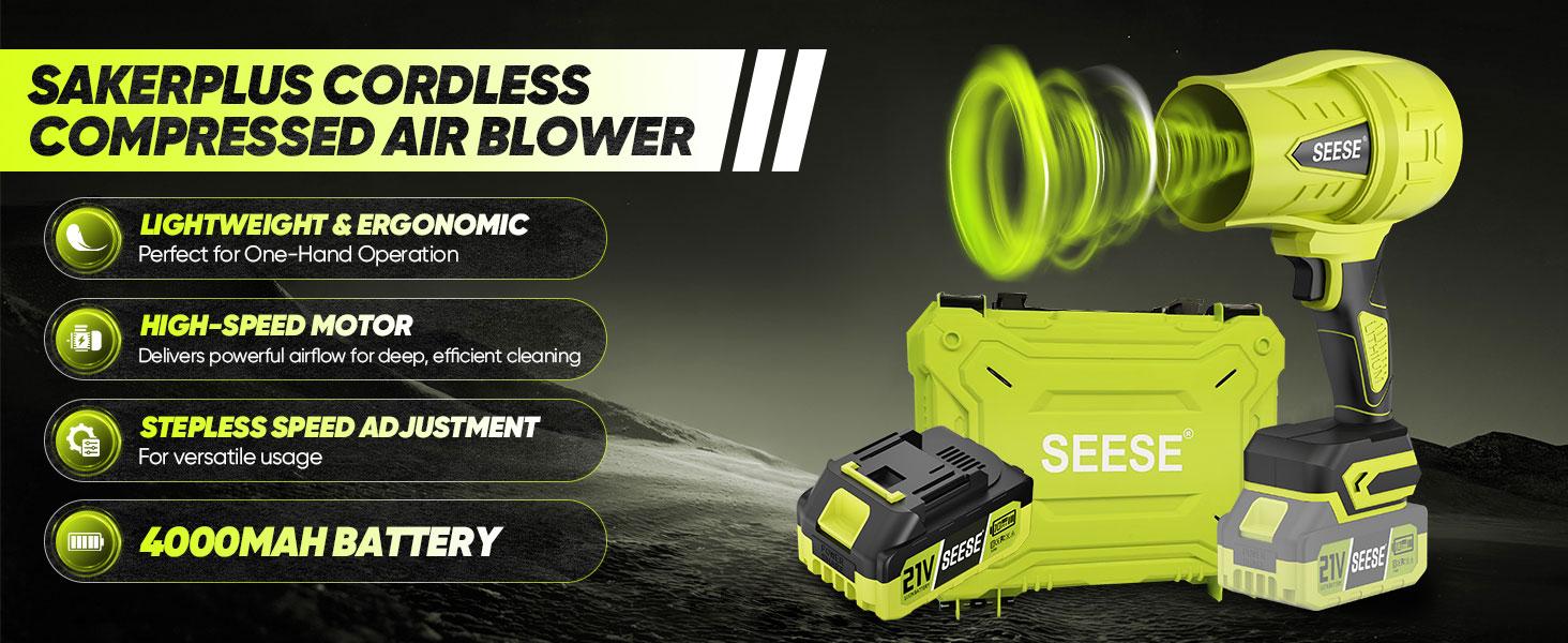 SEESE High-Speed Cordless Blower for Car Drying – Brushless Turbo Motor, Battery Powered, Great for Snow, Dust & Garage Use SEESE High-Speed Cordless Blower for Car Drying – Brushless Turbo Motor, Battery Powered, Great for Snow, Dust & Garage Use