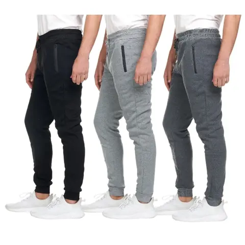3 PACK: Men's Fleece Lined Slim Fit Casual Tech Jogger Sweatpants Zipper Pockets
