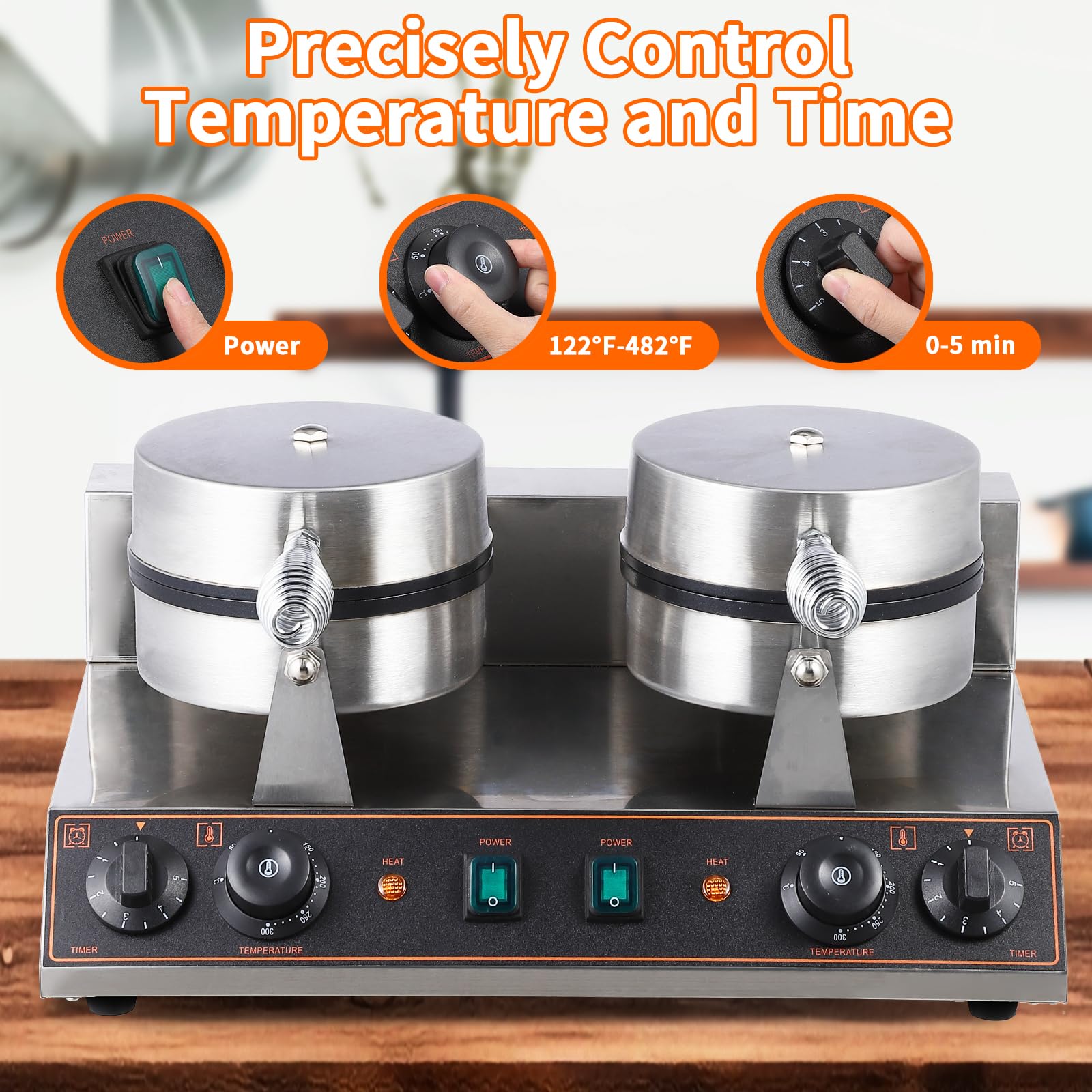 【GARVEE】Commercial Electric Waffle and Waffle Cone Makers with Durable Stainless Steel Build, Nonstick Surfaces, Adjustable Temperature and Timer Controls, Ideal for Restaurants, Snack Bars, and Bakeries, 110V Power Options