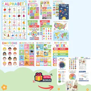 BEAWART 18 Colorful Educational Posters for Toddlers Preschool Classroom Kindergarten Wall Decor PreK Learning Materials Alphabet Number Chart Double-Layered Lamination Waterproof